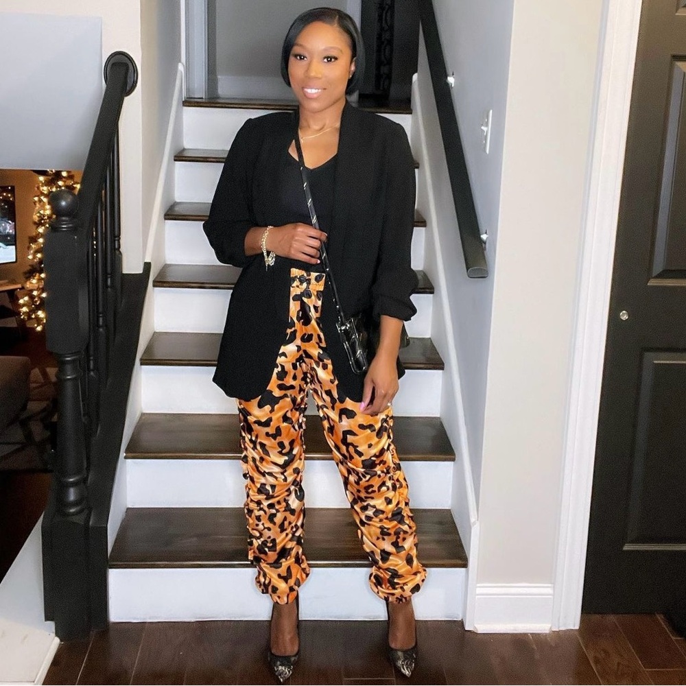 Orange windbreaker ruched camo pants
